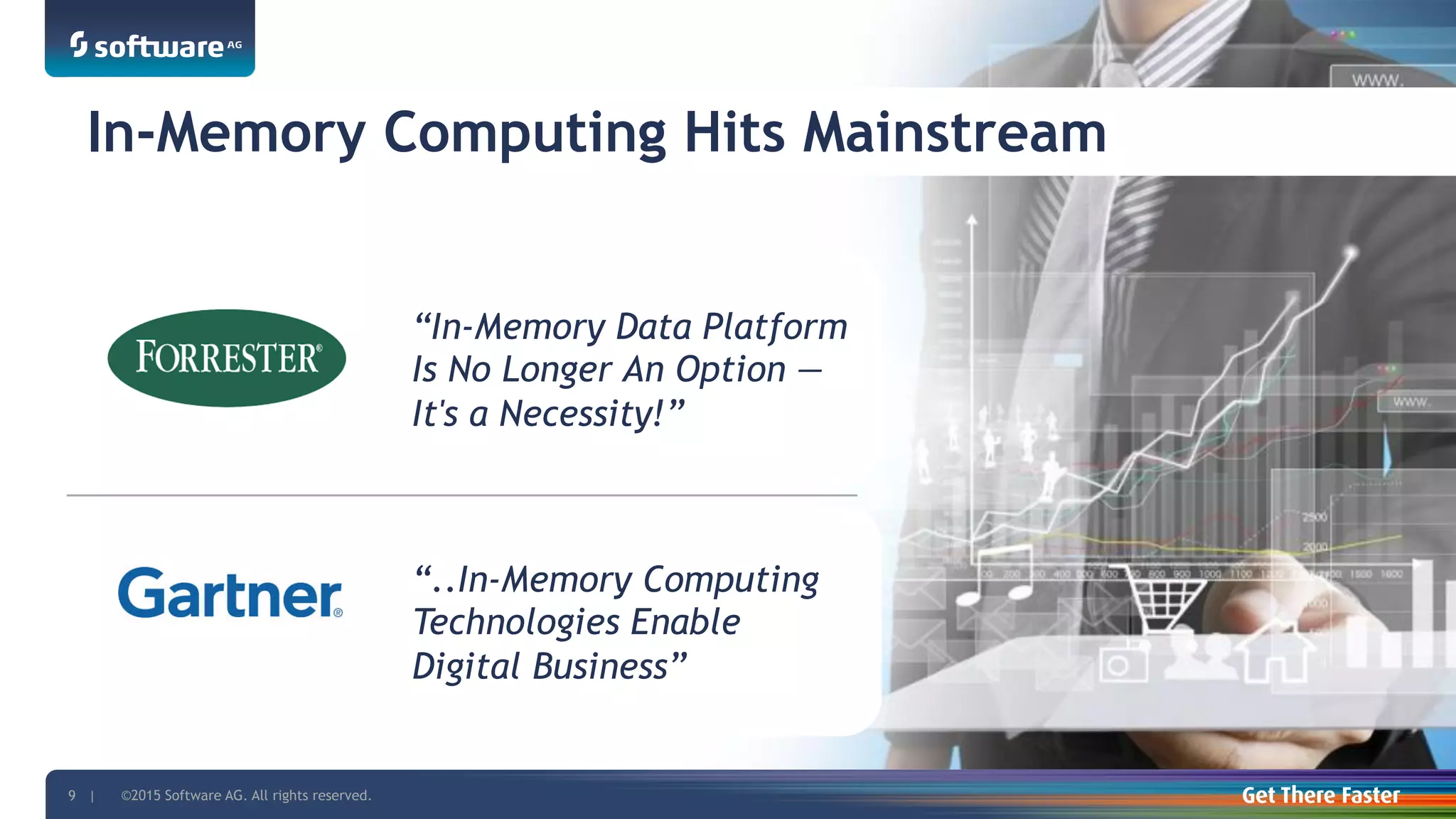 ©2015 Software AG. All rights reserved. For internal use only9 | ©2015 Software AG. All rights reserved.9 |
In-Memory Computing Hits Mainstream
“In-Memory Data Platform
Is No Longer An Option —
It's a Necessity!”
“..In-Memory Computing
Technologies Enable
Digital Business”
 