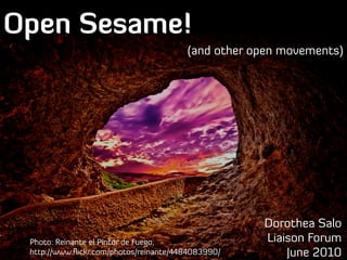 Open Sesame!
                                        (and other open movements)




                                                    Dorothea Salo
 Photo: Reinante el Pintor de Fuego,                Liaison Forum
 http://www.ﬂickr.com/photos/reinante/4484083990/       June 2010
 