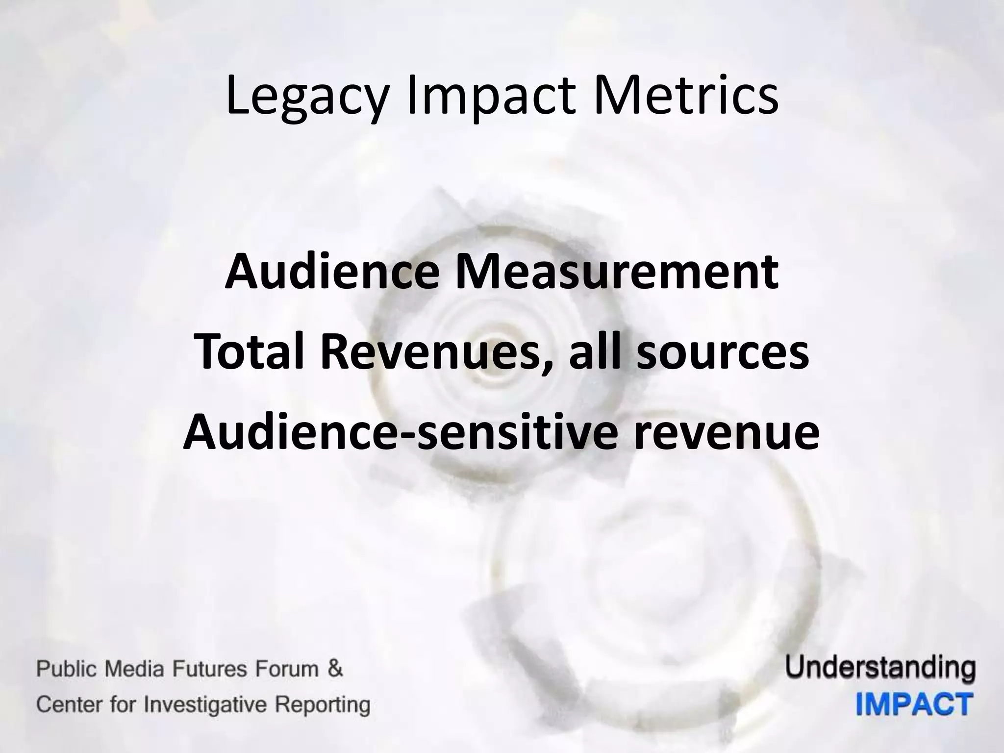 Legacy Impact Metrics
Audience Measurement
Total Revenues, all sources
Audience-sensitive revenue
 