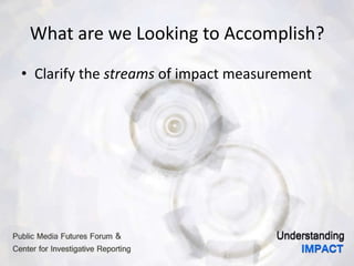 What are we Looking to Accomplish?
• Clarify the streams of impact measurement
 