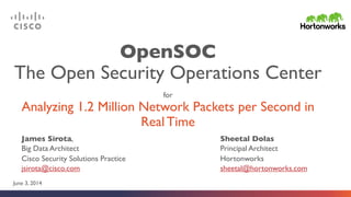 OpenSOC 
The Open Security Operations Center 
 
for 
Analyzing 1.2 Million Network Packets per Second in 
Real Time 
James Sirota, 
Big Data Architect 
Cisco Security Solutions Practice 
jsirota@cisco.com 
Sheetal Dolas 
Principal Architect 
Hortonworks 
sheetal@hortonworks.com 
June 3, 2014 
 