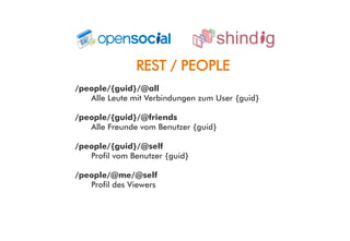 REST / PEOPLE
/people/{guid}/@all
   Alle Leute mit Verbindungen zum User {guid}

/people/{guid}/@friends
   Alle Freunde vom Benutzer {guid}

/people/{guid}/@self
   Profil vom Benutzer {guid}

/people/@me/@self
   Profil des Viewers
 