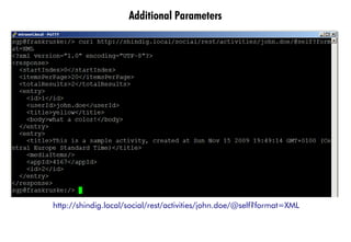 Additional Parameters




http://shindig.local/social/rest/activities/john.doe/@self?format=XML
 