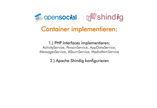 Container implementieren:

     1.) PHP Interfaces implementieren:
 ActivityService, PersonService, AppDataService,
MessagesService, AlbumService, MediaItemService

      2.) Apache Shindig konfigurieren
 