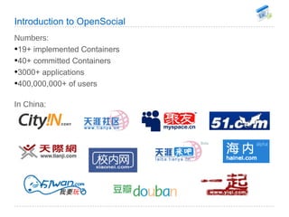Introduction to OpenSocial <ul><li>Numbers: </li></ul><ul><li>19+ implemented Containers </li></ul><ul><li>40+ committed C...