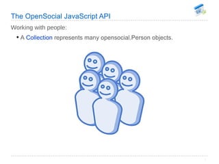 The OpenSocial JavaScript API Working with people: <ul><li>A  Collection  represents many opensocial.Person objects. </li>...