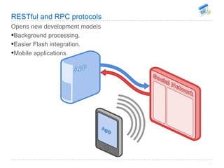 RESTful and RPC protocols <ul><li>Opens new development models </li></ul><ul><li>Background processing. </li></ul><ul><li>...