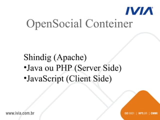OpenSocial Conteiner Shindig (Apache)‏ Java ou PHP (Server Side)‏ JavaScript (Client Side)‏ 