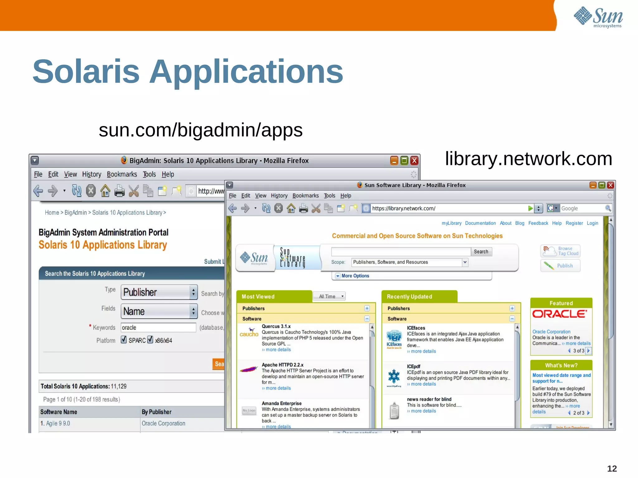 Solaris Applications
    sun.com/bigadmin/apps
                            library.network.com




                                              12
 