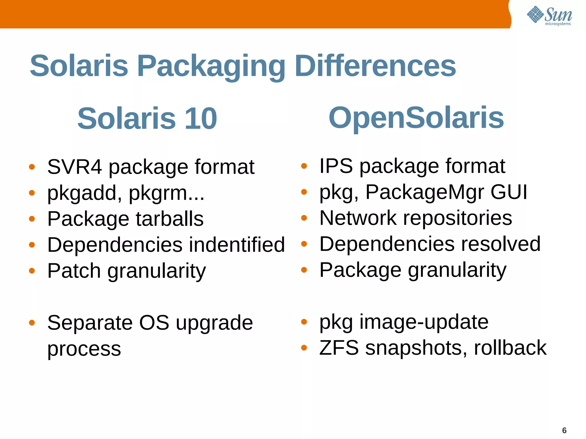 Solaris Packaging Differences
       Solaris 10                  OpenSolaris
•   SVR4 package format        •   IPS package format
•   pkgadd, pkgrm...           •   pkg, PackageMgr GUI
•   Package tarballs           •   Network repositories
•   Dependencies indentified   •   Dependencies resolved
•   Patch granularity          •   Package granularity

• Separate OS upgrade          • pkg image-update
  process                      • ZFS snapshots, rollback


                                                           6
 