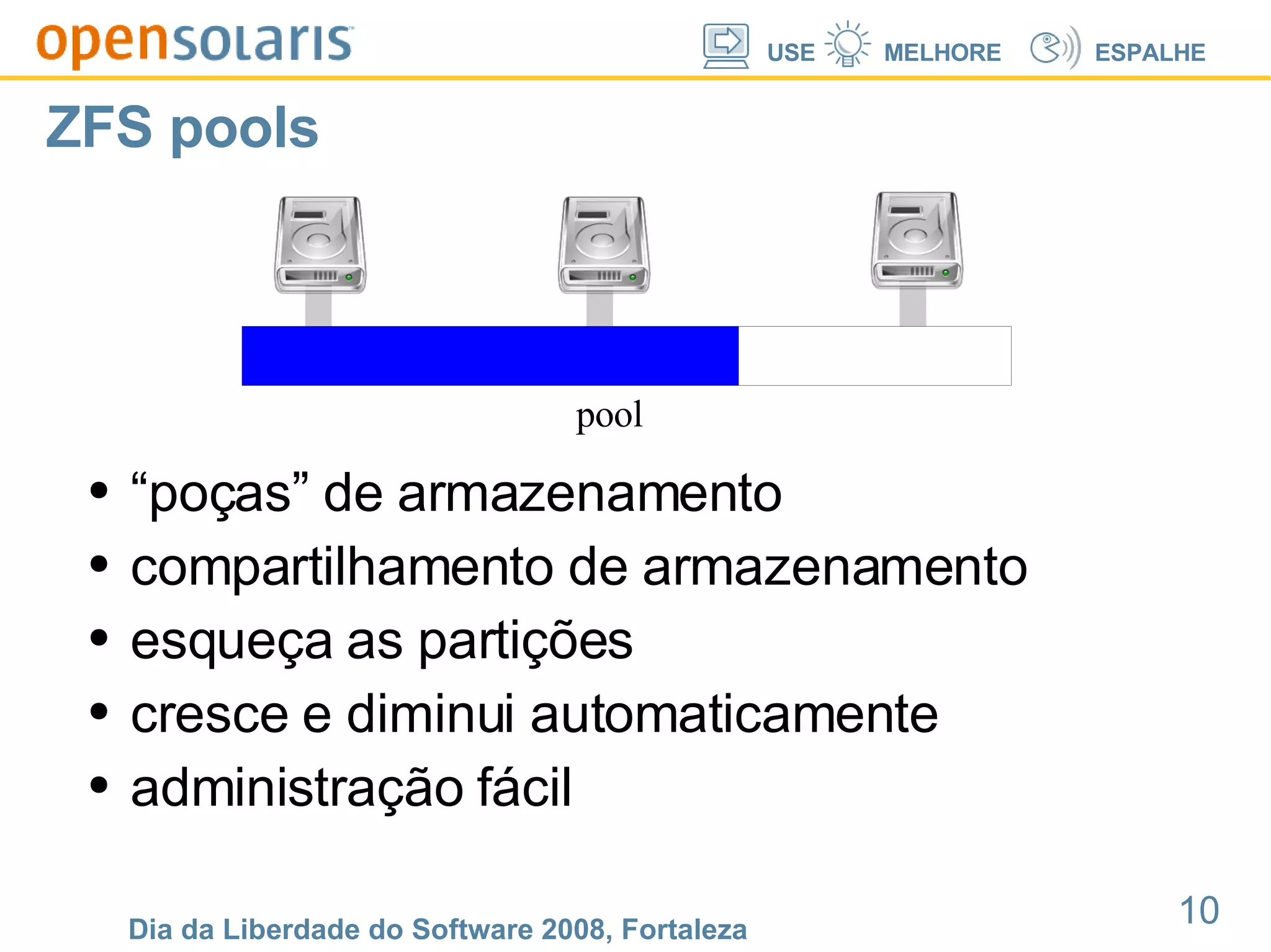ZFS pools “poças” de armazenamento compartilhamento de armazenamento esqueça as partições cresce e diminui automaticamente administração fácil pool 