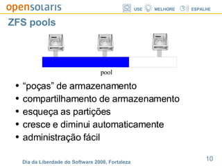 ZFS pools “poças” de armazenamento compartilhamento de armazenamento esqueça as partições cresce e diminui automaticamente administração fácil pool 