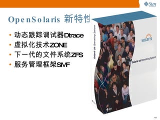 OpenSolaris 新特性 动态 跟踪 调试 器 Dtrace 虚 拟 化技 术 ZONE 下一代的文件系 统 ZFS 服 务 管理框架 SMF 