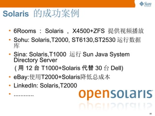 Solaris  的成功案例 6Rooms ： Solaris ， X4500+ZFS  提供视频播放 Sohu: Solaris,T2000, ST6130,ST2530 运行数据库 Sina: Solaris,T1000  运行 Sun Java System Directory Server ( 用 12 台 T1000+Solaris 代替 30 台 Dell) eBay: 使用 T2000+Solaris 降低总成本 LinkedIn: Solaris,T2000 ............ 