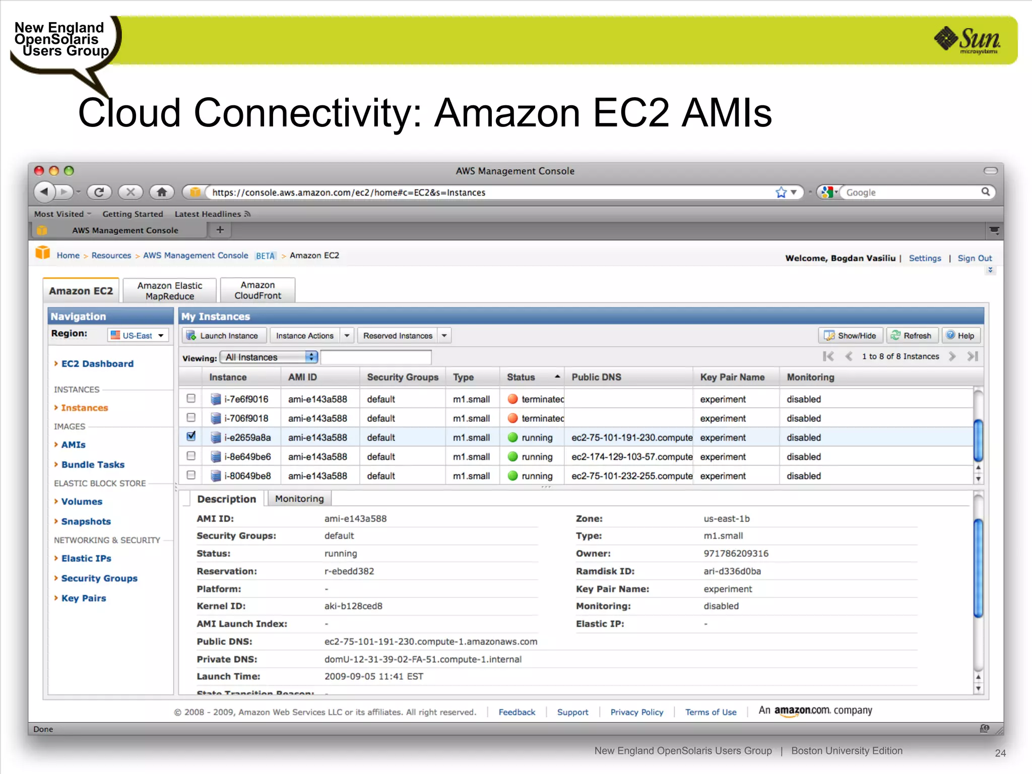New England
OpenSolaris
 Users Group



       Cloud Connectivity: Amazon EC2 AMIs




                                 New England OpenSolaris Users Group | Boston University Edition   24
 