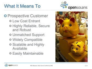What It Means To Prospective Customer Low Cost Entrant Highly Reliable, Secure and  Robust Unmatched Support Widely Compatible Scalable and Highly Available Easily Maintainable 
