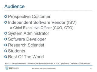 Audience Prospective Customer Independent Software Vendor (ISV) Chief Executive Officer (CXO, CTO) System Administrator Software Developer Research Scientist Students Rest Of The World NOTE :- The presentation is customized for the mixed audience at MSC OpenSource Conference 2009 Malaysia 