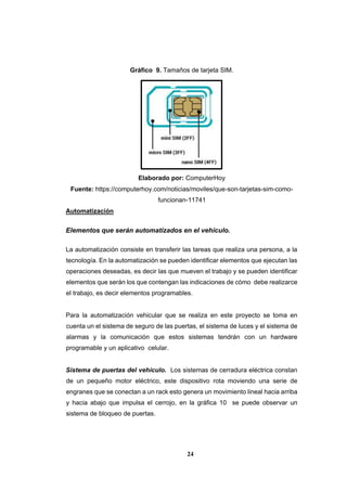 24
Gráfico 9. Tamaños de tarjeta SIM.
Elaborado por: ComputerHoy
Fuente: https://computerhoy.com/noticias/moviles/que-son-tarjetas-sim-como-
funcionan-11741
Automatización
Elementos que serán automatizados en el vehículo.
La automatización consiste en transferir las tareas que realiza una persona, a la
tecnología. En la automatización se pueden identificar elementos que ejecutan las
operaciones deseadas, es decir las que mueven el trabajo y se pueden identificar
elementos que serán los que contengan las indicaciones de cómo debe realizarce
el trabajo, es decir elementos programables.
Para la automatización vehicular que se realiza en este proyecto se toma en
cuenta un el sistema de seguro de las puertas, el sistema de luces y el sistema de
alarmas y la comunicación que estos sistemas tendrán con un hardware
programable y un aplicativo celular.
Sistema de puertas del vehículo. Los sistemas de cerradura eléctrica constan
de un pequeño motor eléctrico, este dispositivo rota moviendo una serie de
engranes que se conectan a un rack esto genera un movimiento lineal hacia arriba
y hacia abajo que impulsa el cerrojo, en la gráfica 10 se puede observar un
sistema de bloqueo de puertas.
 