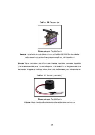 36
Gráfico 22. Servomotor.
Elaborado por: Daniel Castro
Fuente: https://articulo.mercadolibre.com.mx/MLM-562116609-micro-servo-
motor-tower-pro-mg90s-2k-engranes-metalicos-_JM?quantity=1
Buzzer: Es un dispositivo electrónico que produce zumbidos o sonidos de alerta,
puede ser conectado a un circuito integrado y de acuerdo a la programación que
se inserte se lograran distintos tonos de sonido de forma seguida o intermitente.
Gráfico 23. Buzzer (zumbador).
Elaborado por: Daniel Castro
Fuente: https://squishycircuits.com/products/piezoelectric-buzzer
 