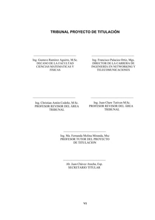VI
TRIBUNAL PROYECTO DE TITULACIÓN
Ing. Gustavo Ramírez Aguirre, M.Sc.
DECANO DE LA FACULTAD
CIENCIAS MATEMATICAS Y
FISICAS
Ing. Francisco Palacios Ortiz, Mgs.
DIRECTOR DE LA CARRERA DE
INGENIERÍA EN NETWORKING Y
TELECOMUNICACIONES
Ing. Christian Antón Cedeño, M.Sc.
PROFESOR REVISOR DEL ÁREA
TRIBUNAL
Ing. Ma. Fernanda Molina Miranda, Msc
PROFESOR TUTOR DEL PROYECTO
DE TITULACION
Ing. Juan Chaw Tutiven M.Sc.
PROFESOR REVISOR DEL ÁREA
TRIBUNAL
Ab. Juan Chávez Atocha, Esp.
SECRETARIO TITULAR
 