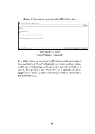 78
Gráfico 47. Recepción de comandos módulo GSM –Arduino Serie.
Elaborado: Daniel Castro
Fuente: Proceso de investigación
En la gráfico 48 se puede observar como el Smartphone recibe los mensajes de
alerta cuando el modo “Alarma” está activado, este mensaje cambiara en base a
la señal que envié el prototipo y esto dependerá de que esté ocurriendo con el
vehículo. Si se presiona el botón “Alarma OFF” en la aplicación, el prototipo
apagara el modo alarma y devolver como mensaje de texto una confirmación de
que la alarma se apagó.
 