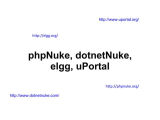 phpNuke, dotnetNuke, elgg, uPortal http://elgg.org/ http://phpnuke.org/ http://www.dotnetnuke.com/ http://www.uportal.org/ 