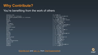 Why Contribute?
You’re benefiting from the work of others
├─┬ chai@1.8.1
│ ├── assertion-error@1.0.0
│ └─┬ deep-eql@0.1.3
│ └── type-detect@0.1.1
├─┬ karma@0.10.10 peer invalid
│ ├─┬ chokidar@0.8.2
│ │ ├─┬ fsevents@0.2.0
│ │ │ └── nan@0.8.0
│ │ └── recursive-readdir@0.0.2
│ ├── coffee-script@1.6.3
│ ├── colors@0.6.0-1
│ ├─┬ connect@2.8.8
│ │ ├── buffer-crc32@0.2.1
│ │ ├── bytes@0.2.0
│ │ ├── cookie@0.1.0
│ │ ├── cookie-signature@1.0.1
│ │ ├─┬ debug@1.0.2
│ │ │ └── ms@0.6.2
│ │ ├── formidable@1.0.14
│ │ ├── fresh@0.2.0
│ │ ├── methods@0.0.1
│ │ ├── pause@0.0.1
│ │ ├── qs@0.6.5
│ │ ├─┬ send@0.1.4
│ │ │ └── range-parser@0.0.4
│ │ └── uid2@0.0.2
analytics-ruby
and_feathers (>= 1.0.0.pre)
and_feathers-gzipped_tarball (>= 1.0.0.pre)
aws-sdk
byebug
capybara
chef
chef-legacy!
compass-rails
coveralls
database_cleaner
dotenv
factory_girl
faker
foreman
jbuilder
kaminari
launchy
license_finder
magiconf
mail_view
mixlib-authentication
newrelic_rpm
nokogiri
octokit!
omniauth
(Gemfile.lock and npm ls from Chef Supermarket)
 