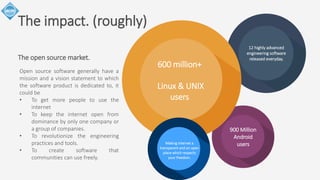 The impact. (roughly) 
The open source market. 
Open source software generally have a 
mission and a vision statement to which 
the software product is dedicated to, it 
could be 
• To get more people to use the 
internet 
• To keep the internet open from 
dominance by only one company or 
a group of companies. 
• To revolutionize the engineering 
practices and tools. 
• To create software that 
communities can use freely. 
12 highly advanced 
engineering software 
released everyday. 
600 million+ 
Linux & UNIX 
users 
900 Million 
Android 
Making internet a users 
transparent and an open 
place which respects 
your freedom. 
 