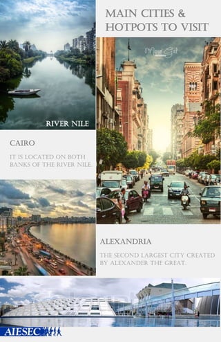 Main cities &
hotpots to visit
River Nile
Cairo
It is located on both
banks of the River Nile.
Alexandria
The second largest city created
by Alexander the great.
 