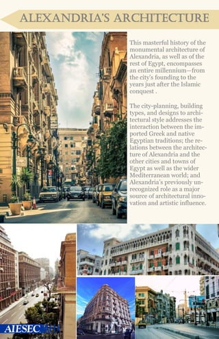 alExaNDRIa’S aRchITEcTuRE
This masterful history of the
monumental architecture of
Alexandria, as well as of the
rest of Egypt, encompasses
an entire millennium—from
the city’s founding to the
years just after the Islamic
conquest .
The city-planning, building
types, and designs to archi-
tectural style addresses the
interaction between the im-
ported Greek and native
Egyptian traditions; the re-
lations between the architec-
ture of Alexandria and the
other cities and towns of
Egypt as well as the wider
Mediterranean world; and
Alexandria’s previously un-
recognized role as a major
source of architectural inno-
vation and artistic influence.
 