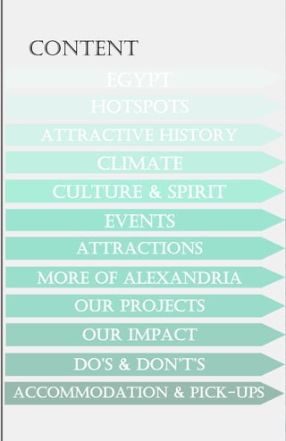 EGYPT
HOTSPOTS
ATTRACTIVE HISTORY
CLIMATE
CULTURE & SPIRIT
EVENTS
CONTENT
ATTRACTIONS
MORE OF ALEXANDRIA
OUR PROJECTS
OUR IMPACT
DO’S & DON’T’S
ACCOMMODATION & PICK-UPS
 