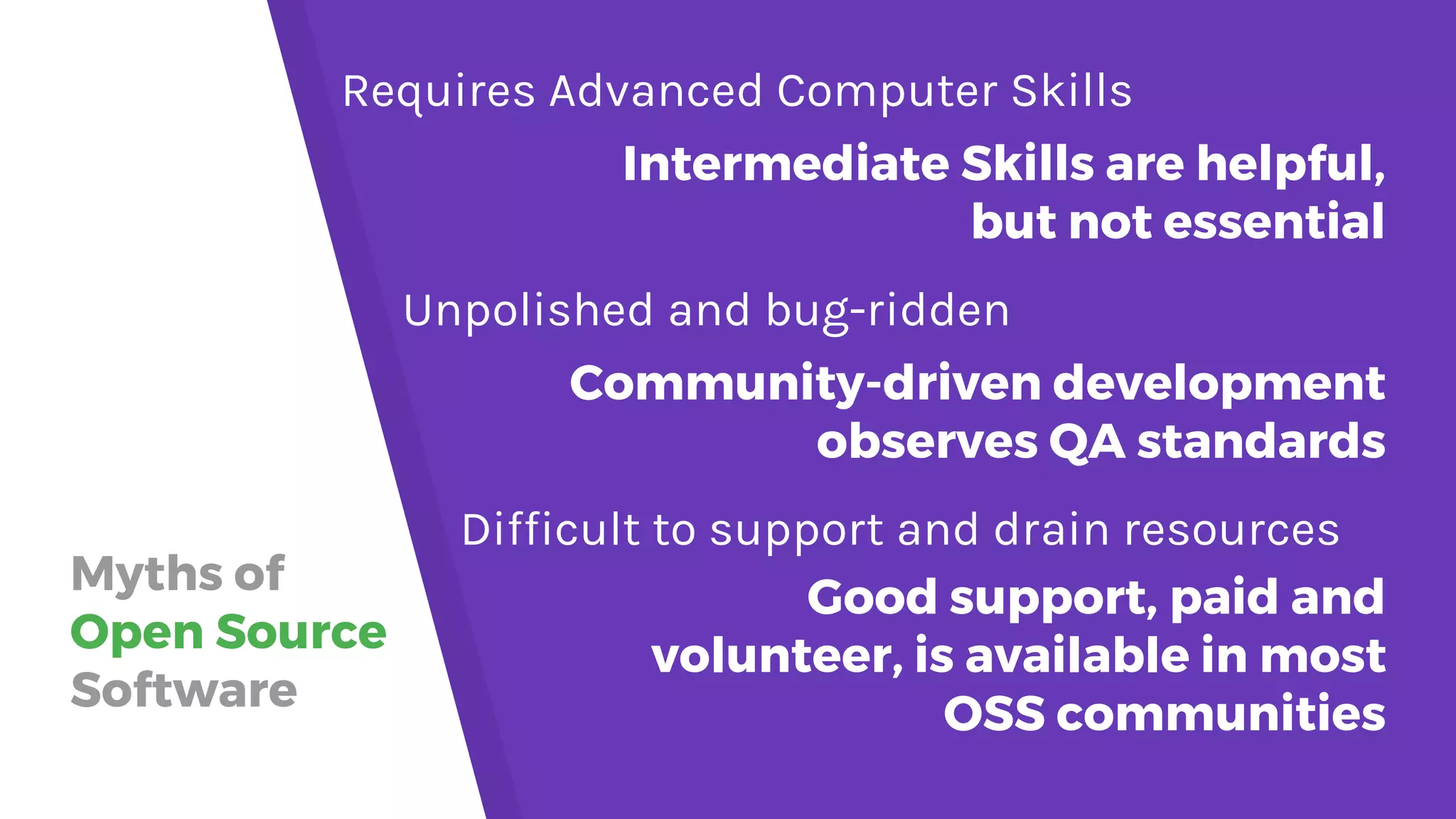 Myths of Open Source Software Requires Advanced Computer Skills Intermediate Skills are helpful, but not essential Unpolished and bug-ridden Community-driven development observes QA standards Difficult to support and drain resources Good support, paid and volunteer, is available in most OSS communities 