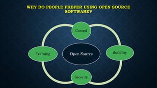 WHY DO PEOPLE PREFER USING OPEN SOURCE
SOFTWARE?
Open Source
Control
Stability
Security
Training
 