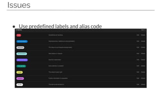 Issues
● Use predefined labels and alias code
 