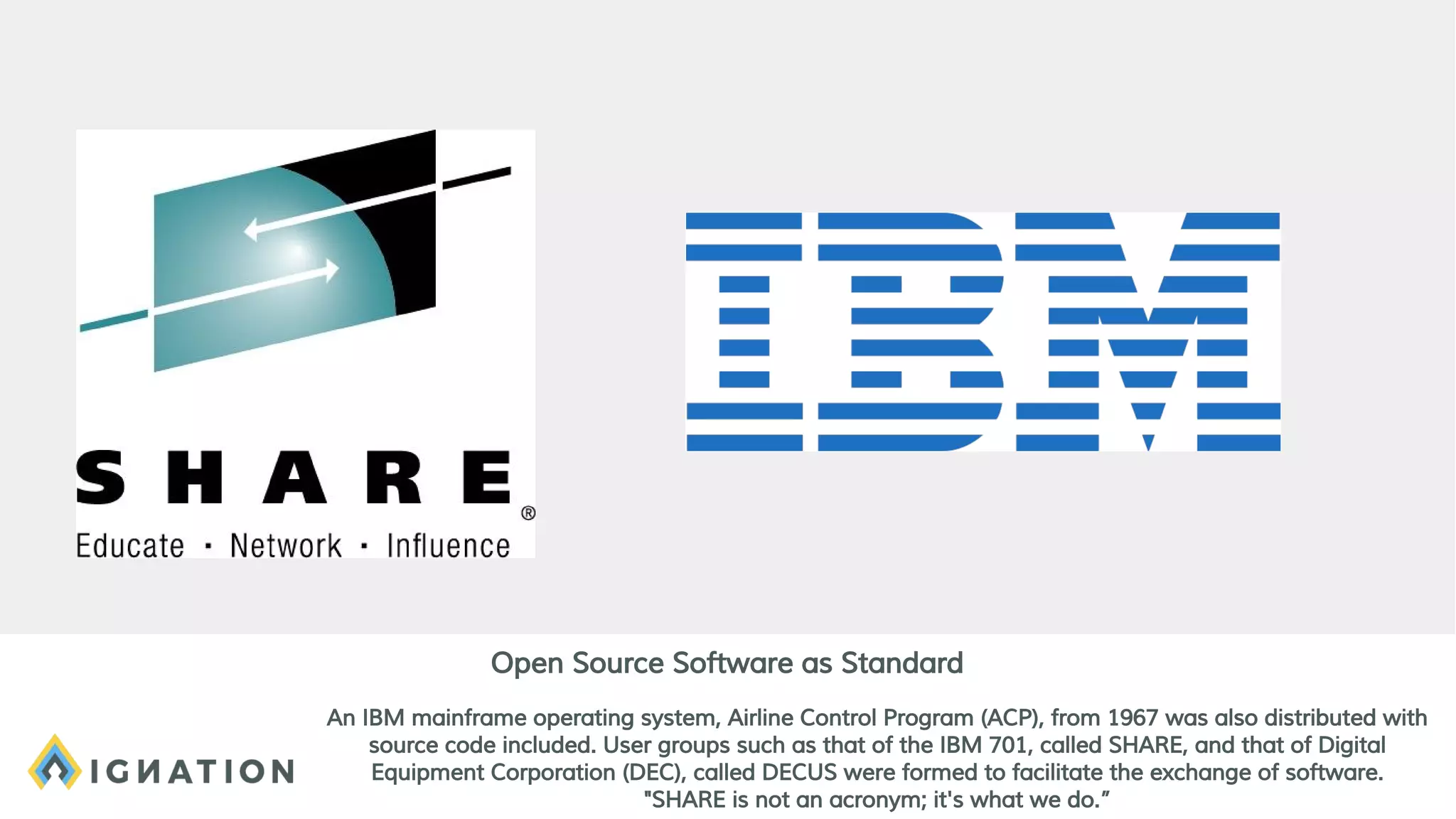 An IBM mainframe operating system, Airline Control Program (ACP), from 1967 was also distributed with
source code included. User groups such as that of the IBM 701, called SHARE, and that of Digital
Equipment Corporation (DEC), called DECUS were formed to facilitate the exchange of software.
"SHARE is not an acronym; it's what we do.”
Open Source Software as Standard
 