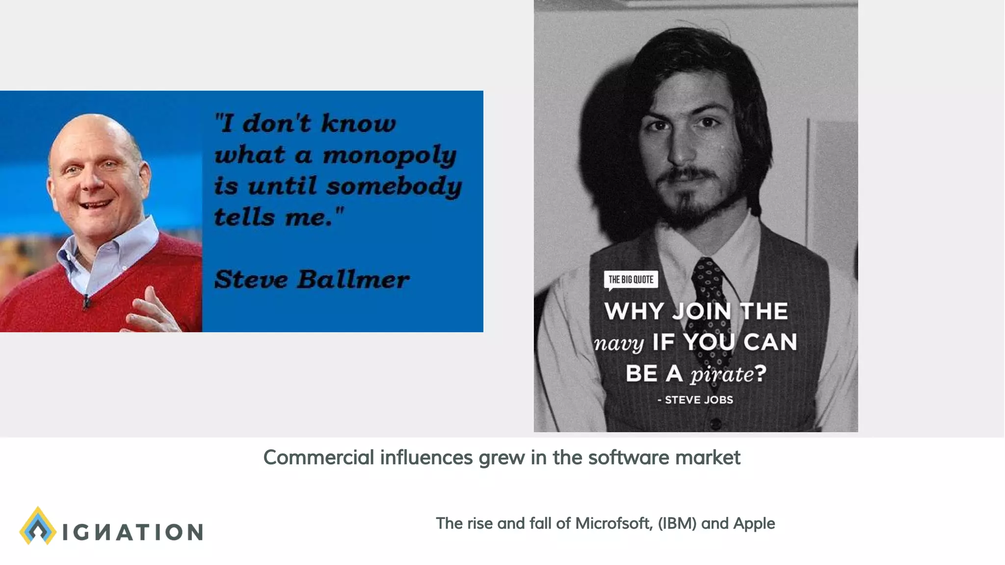 The rise and fall of Microfsoft, (IBM) and Apple
Commercial influences grew in the software market
 