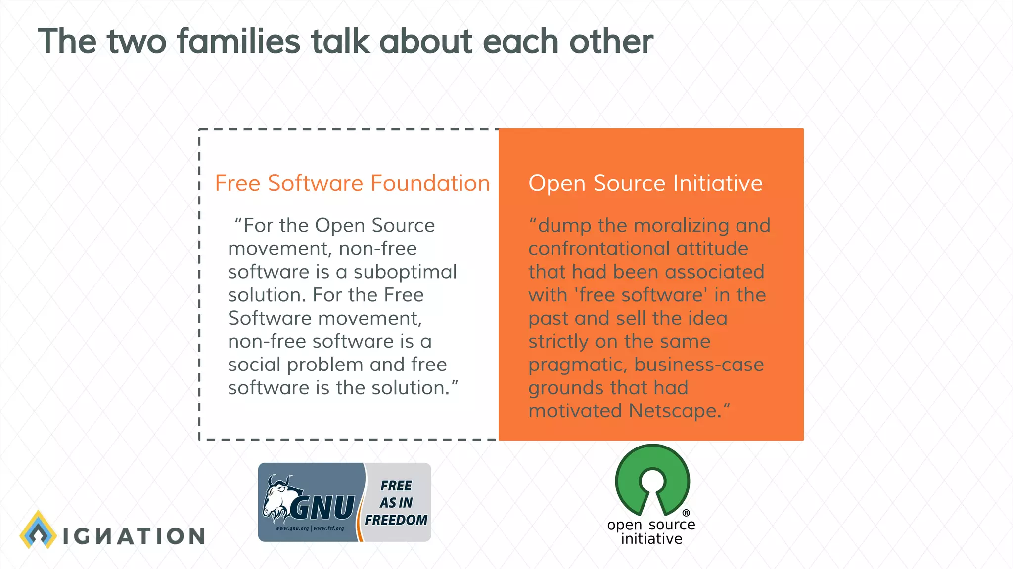 Free Software Foundation Open Source Initiative
“For the Open Source
movement, non-free
software is a suboptimal
solution. For the Free
Software movement,
non-free software is a
social problem and free
software is the solution.”
“dump the moralizing and
confrontational attitude
that had been associated
with 'free software' in the
past and sell the idea
strictly on the same
pragmatic, business-case
grounds that had
motivated Netscape.”
The two families talk about each other
 