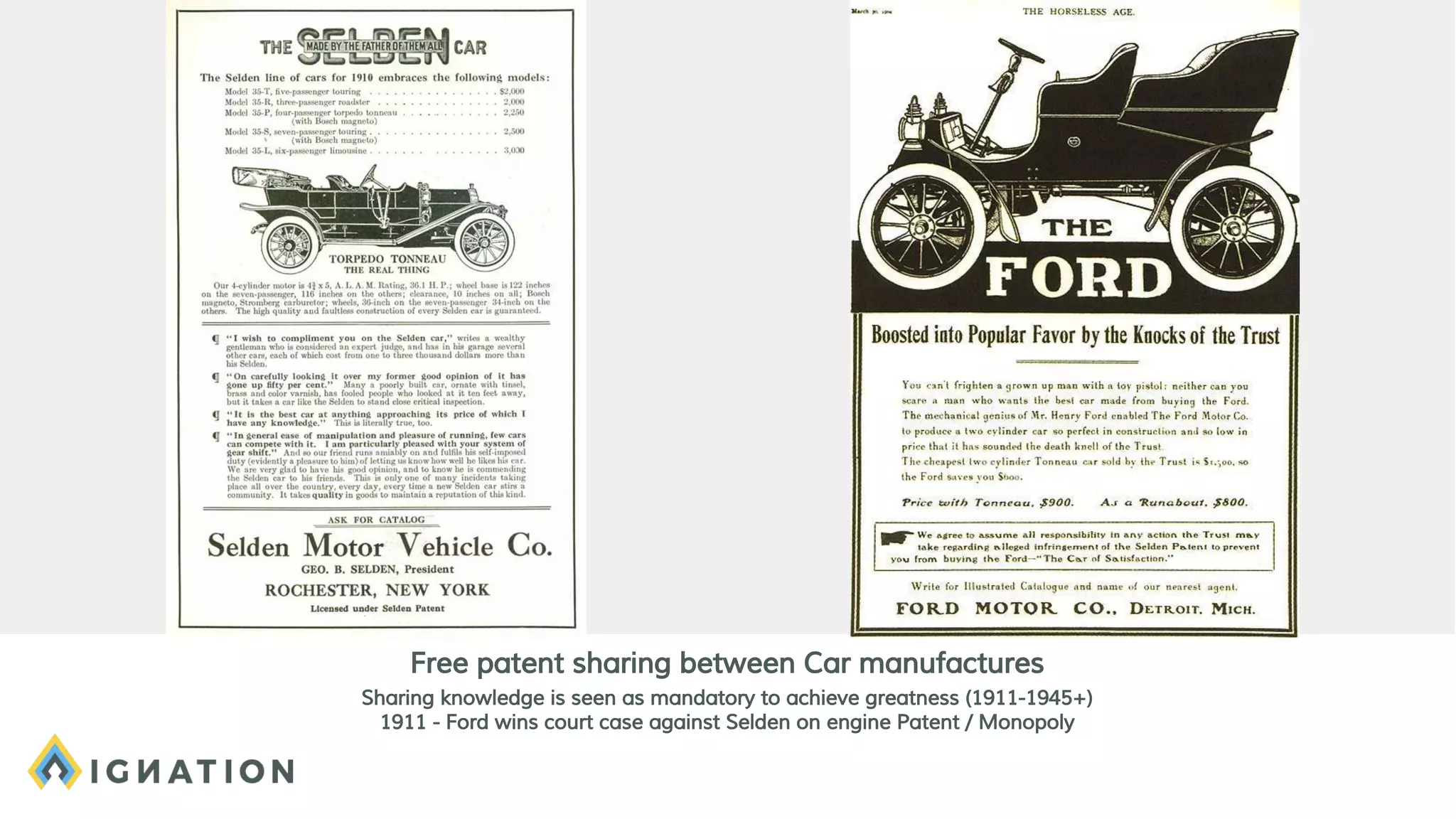 Free patent sharing between Car manufactures
Sharing knowledge is seen as mandatory to achieve greatness (1911-1945+)
1911 - Ford wins court case against Selden on engine Patent / Monopoly
 