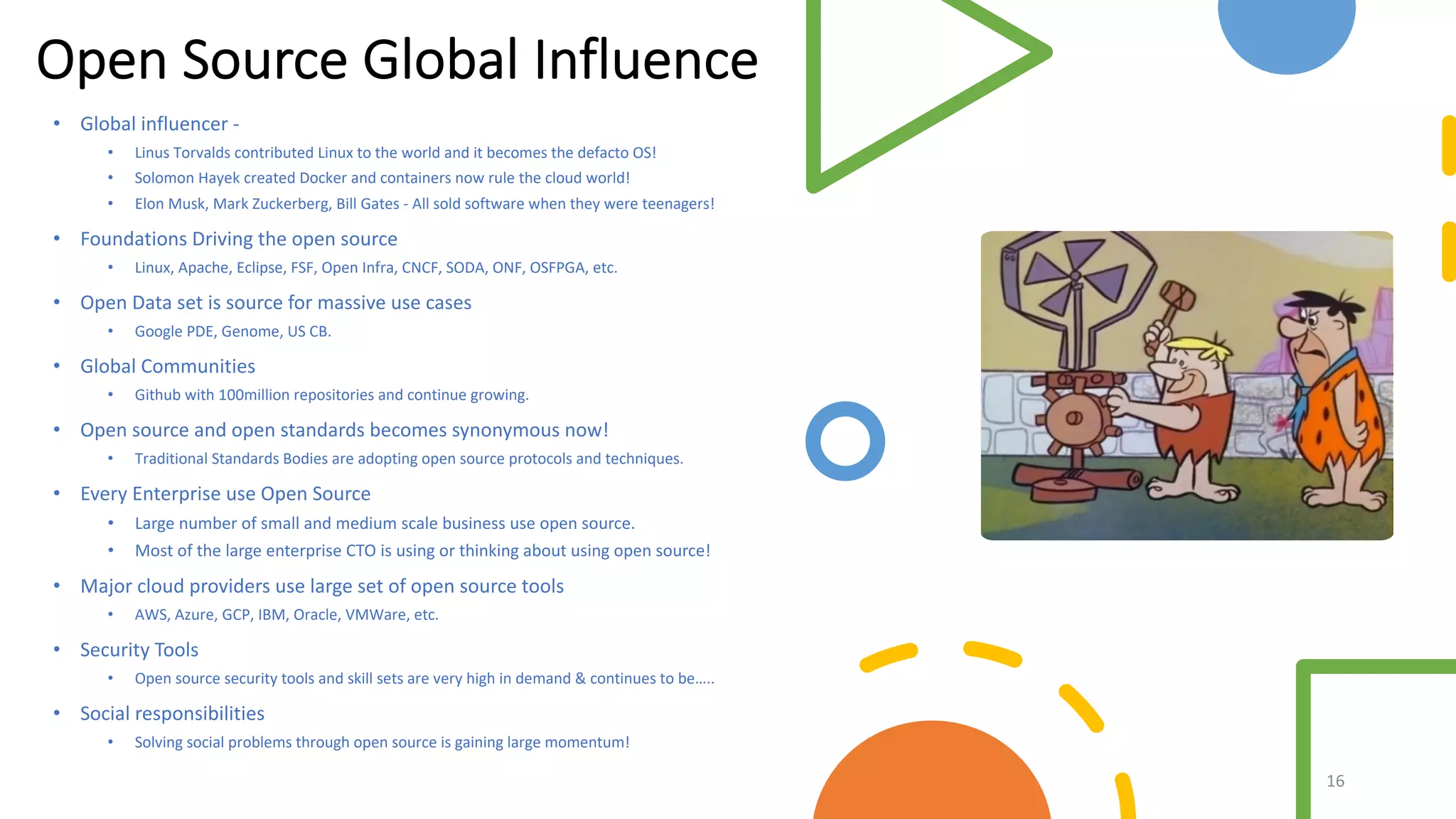 Open Source Global Influence
• Global influencer -
• Linus Torvalds contributed Linux to the world and it becomes the defacto OS!
• Solomon Hayek created Docker and containers now rule the cloud world!
• Elon Musk, Mark Zuckerberg, Bill Gates - All sold software when they were teenagers!
• Foundations Driving the open source
• Linux, Apache, Eclipse, FSF, Open Infra, CNCF, SODA, ONF, OSFPGA, etc.
• Open Data set is source for massive use cases
• Google PDE, Genome, US CB.
• Global Communities
• Github with 100million repositories and continue growing.
• Open source and open standards becomes synonymous now!
• Traditional Standards Bodies are adopting open source protocols and techniques.
• Every Enterprise use Open Source
• Large number of small and medium scale business use open source.
• Most of the large enterprise CTO is using or thinking about using open source!
• Major cloud providers use large set of open source tools
• AWS, Azure, GCP, IBM, Oracle, VMWare, etc.
• Security Tools
• Open source security tools and skill sets are very high in demand & continues to be…..
• Social responsibilities
• Solving social problems through open source is gaining large momentum!
16
 
