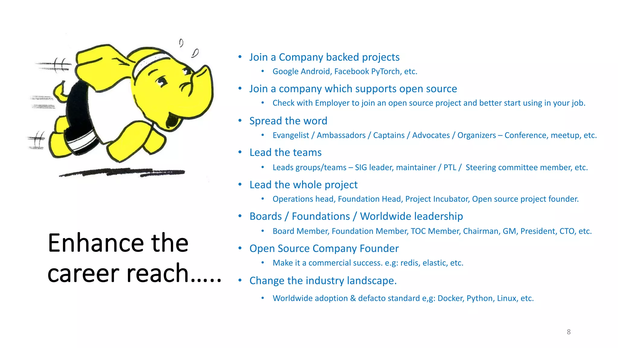 Enhance the
career reach…..
• Join a Company backed projects
• Google Android, Facebook PyTorch, etc.
• Join a company which supports open source
• Check with Employer to join an open source project and better start using in your job.
• Spread the word
• Evangelist / Ambassadors / Captains / Advocates / Organizers – Conference, meetup, etc.
• Lead the teams
• Leads groups/teams – SIG leader, maintainer / PTL / Steering committee member, etc.
• Lead the whole project
• Operations head, Foundation Head, Project Incubator, Open source project founder.
• Boards / Foundations / Worldwide leadership
• Board Member, Foundation Member, TOC Member, Chairman, GM, President, CTO, etc.
• Open Source Company Founder
• Make it a commercial success. e.g: redis, elastic, etc.
• Change the industry landscape.
• Worldwide adoption & defacto standard e,g: Docker, Python, Linux, etc.
8
 