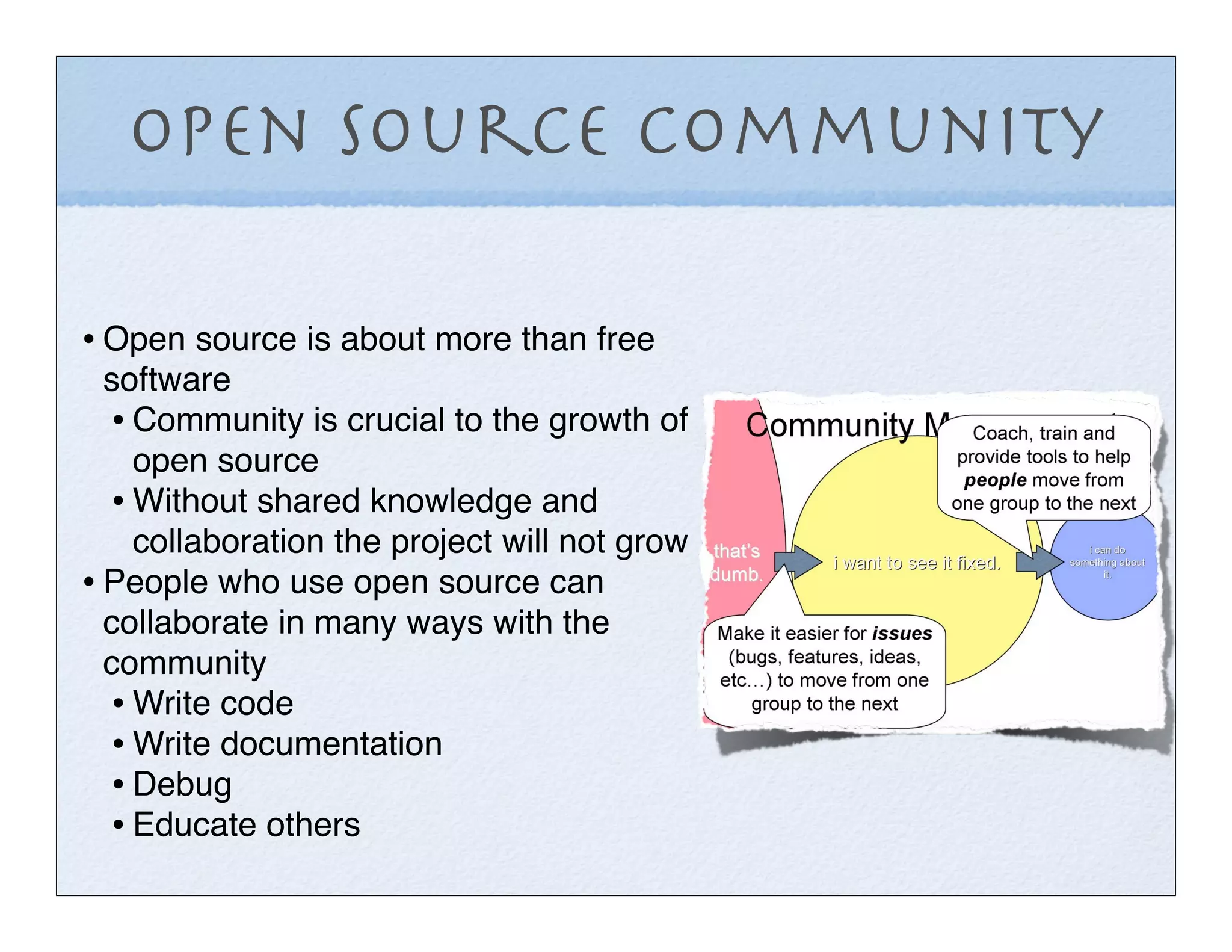 Open Source Community

• Open source is about more than free
  software
  • Community is crucial to the growth of
    open source
  • Without shared knowledge and
    collaboration the project will not grow
• People who use open source can
  collaborate in many ways with the
  community
  • Write code
  • Write documentation
  • Debug
  • Educate others
 