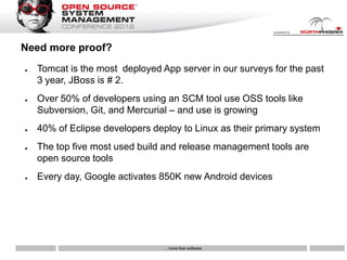 Need more proof?
●   Tomcat is the most deployed App server in our surveys for the past
    3 year, JBoss is # 2.
●   Over 50% of developers using an SCM tool use OSS tools like
    Subversion, Git, and Mercurial – and use is growing
●   40% of Eclipse developers deploy to Linux as their primary system
●   The top five most used build and release management tools are
    open source tools
●   Every day, Google activates 850K new Android devices




                                 … more than software
 