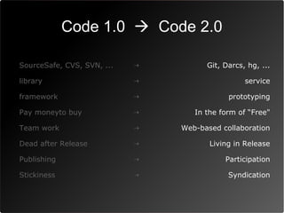 Code 1.0  Code 2.0

SourceSafe, CVS, SVN, ...   →         Git, Darcs, hg, ...

library                     →                    service

framework                   →               prototyping

Pay moneyto buy             →      In the form of “Free"

Team work                   →   Web-based collaboration

Dead after Release          →          Living in Release

Publishing                  →              Participation

Stickiness                  →               Syndication
 