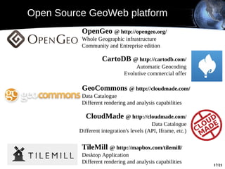 Open Source GeoWeb platform
           OpenGeo @ http://opengeo.org/
           Whole Geographic infrastructure
           Community and Entreprise edition

                    CartoDB @ http://cartodb.com/
                                   Automatic Geocoding
                              Evolutive commercial offer

           GeoCommons @ http://cloudmade.com/
           Data Catalogue
           Different rendering and analysis capabilities

             CloudMade @ http://cloudmade.com/
                                           Data Catalogue
          Different integration's levels (API, Iframe, etc.)

           TileMill @ http://mapbox.com/tilemill/
           Desktop Application
           Different rendering and analysis capabilities       17/21
 
