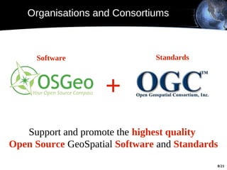 Organisations and Consortiums



     Software                  Standards



                    +
   Support and promote the highest quality
Open Source GeoSpatial Software and Standards
                                            8/21
 