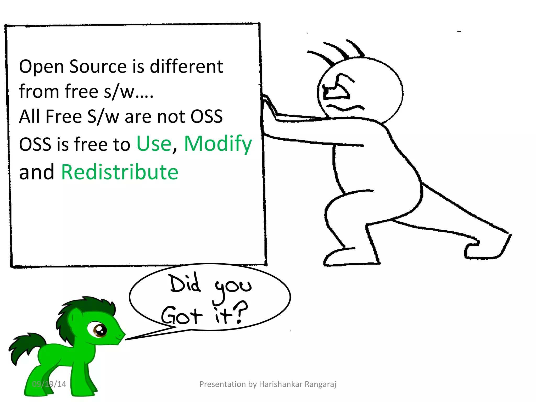 Open Source is different 
from free s/w…. 
All Free S/w are not OSS 
OSS is free to Use, Modify 
and Redistribute 
Did you 
Got it? 
09/19/14 Presentation by Harishankar Rangaraj 
 