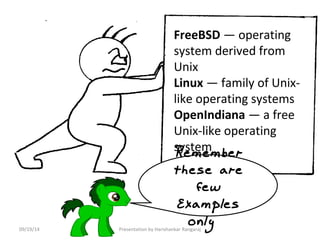 FreeBSD — operating 
system derived from 
Unix 
Linux — family of Unix-like 
operating systems 
OpenIndiana — a free 
Unix-like operating 
system Remember 
these are 
few 
Examples 
only 09/19/14 Presentation by Harishankar Rangaraj 
 