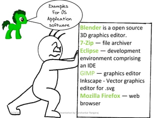 Blender is a open source 
3D graphics editor. 
7-Zip — file archiver 
Eclipse — development 
environment comprising 
an IDE 
GIMP — graphics editor 
Inkscape - Vector graphics 
editor for .svg 
Mozilla Firefox — web 
browser 
Examples 
For OS 
Application 
software 
09/19/14 Presentation by Harishankar Rangaraj 
 