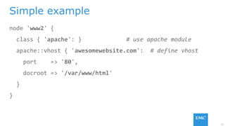 27
node 'www2' {
class { 'apache': } # use apache module
apache::vhost { 'awesomewebsite.com': # define vhost
port => '80',
docroot => '/var/www/html'
}
}
Simple example
 