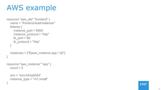 29
AWS example
resource "aws_elb" "frontend" {
name = "frontend-load-balancer"
listener {
instance_port = 8000
instance_protocol = "http"
lb_port = 80
lb_protocol = "http"
}
instances = ["${aws_instance.app.*.id}"]
}
resource "aws_instance" "app" {
count = 5
ami = "ami-043a5034"
instance_type = "m1.small"
}
 